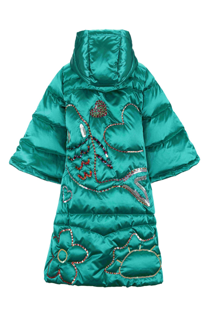 Green Embroidery Feather Down Cape Jacket