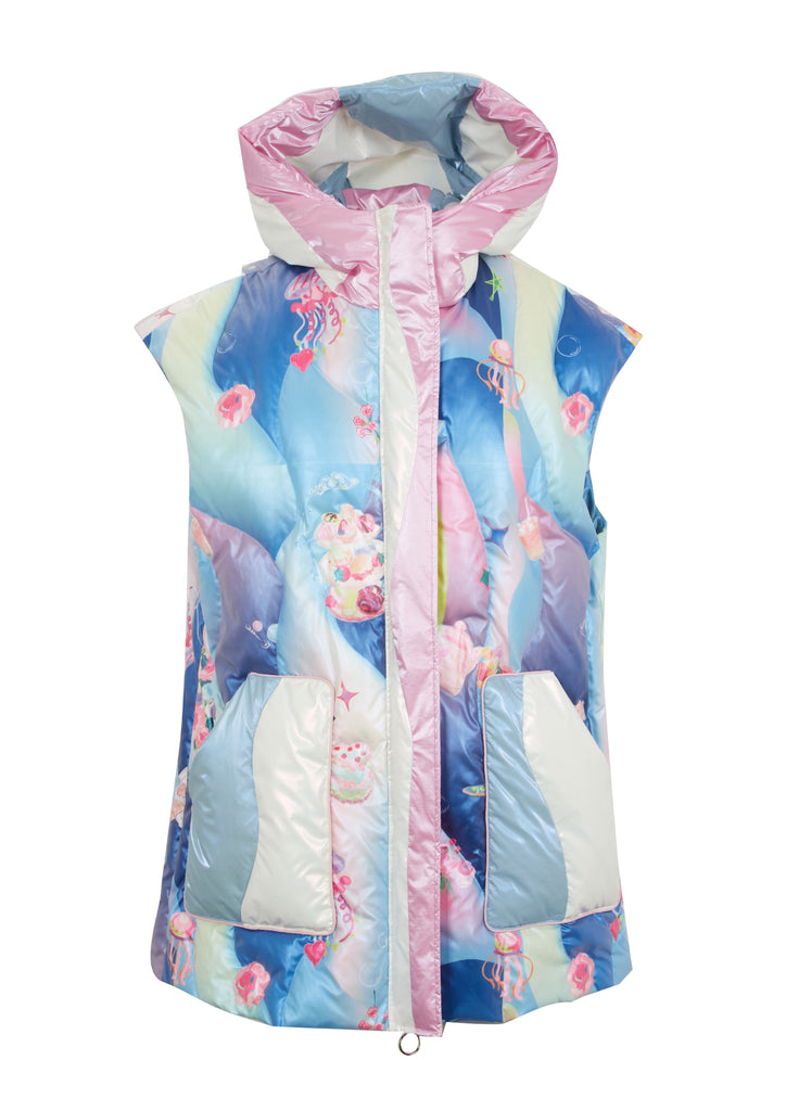 Ocean Print Hooded Down Gilet