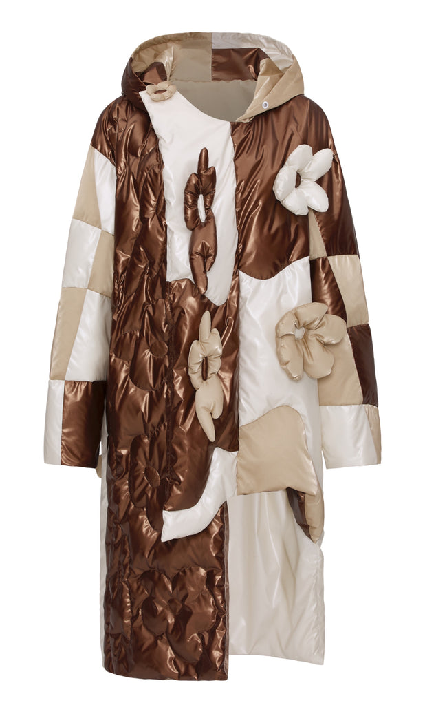 Asymmetric Coffee Floral Feather Down Jacket