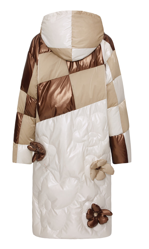 Asymmetric Coffee Floral Feather Down Jacket