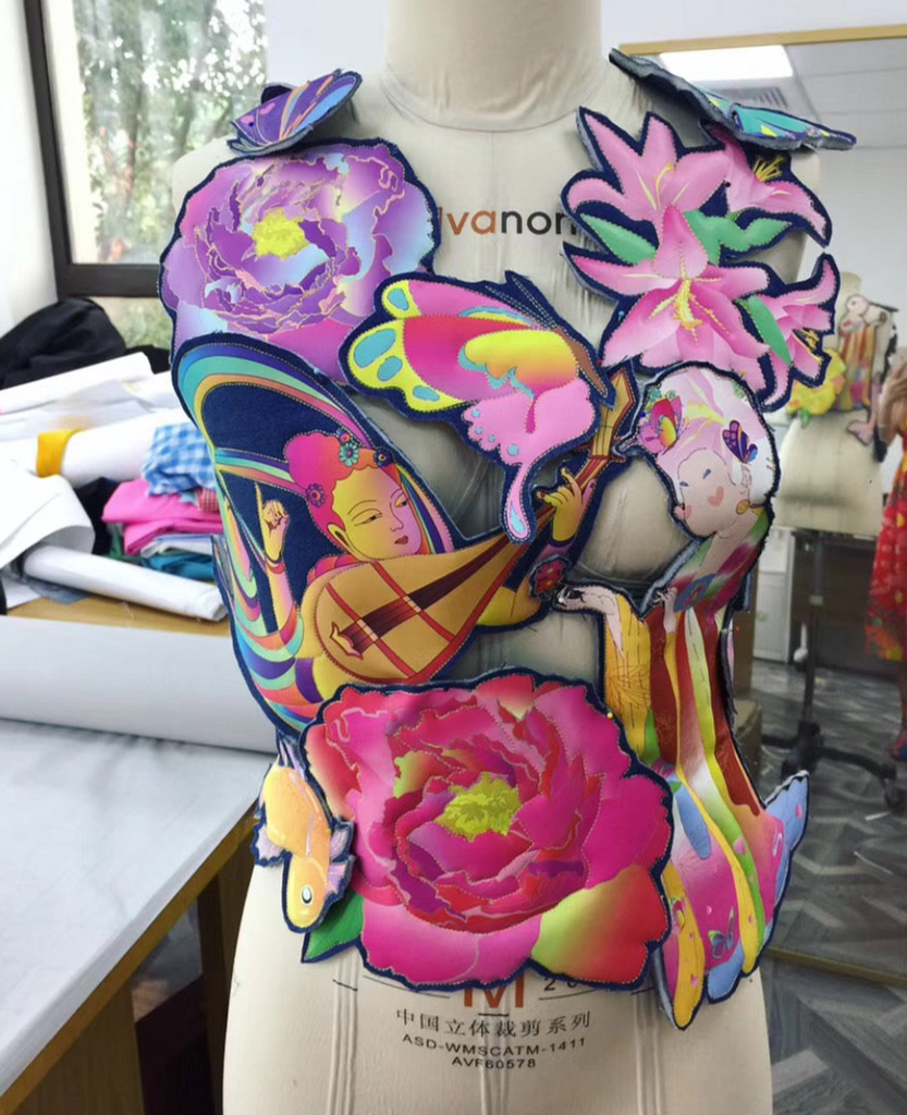 Handmade Floral and butterfly padded DUILING Denim Vest