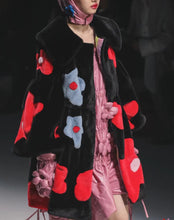 Load image into Gallery viewer, Flower spliced puff-sleeves faux-fur coat