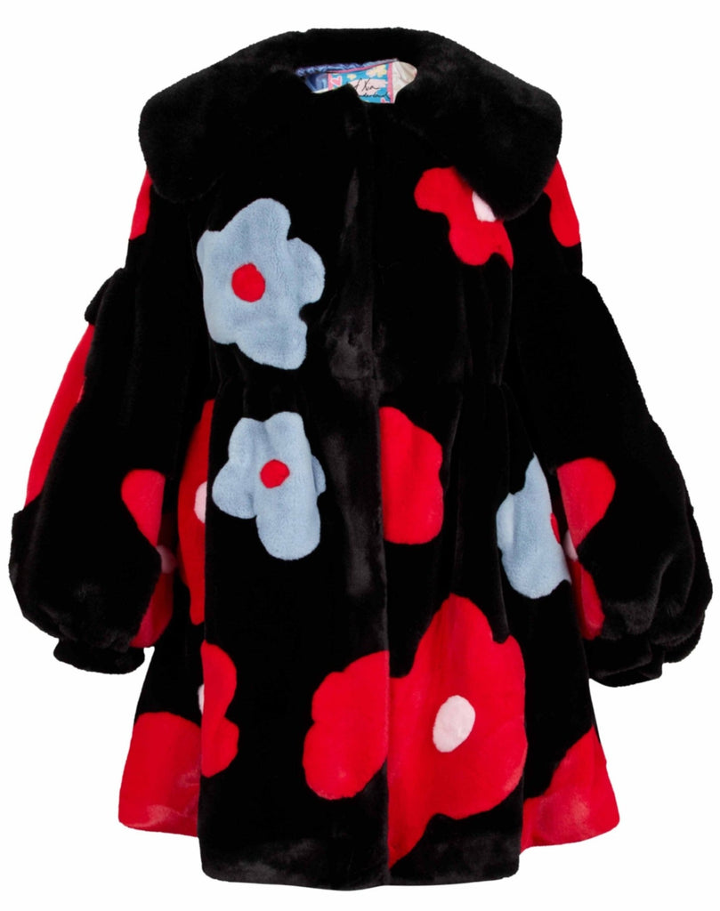 Flower spliced puff-sleeves faux-fur coat