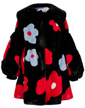 Load image into Gallery viewer, Flower spliced puff-sleeves faux-fur coat