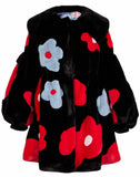 Flower spliced puff-sleeves faux-fur coat