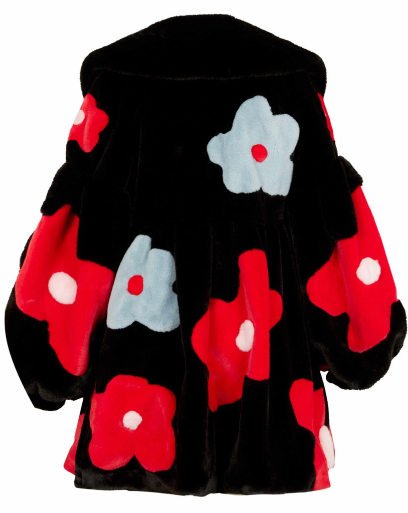 Flower spliced puff-sleeves faux-fur coat